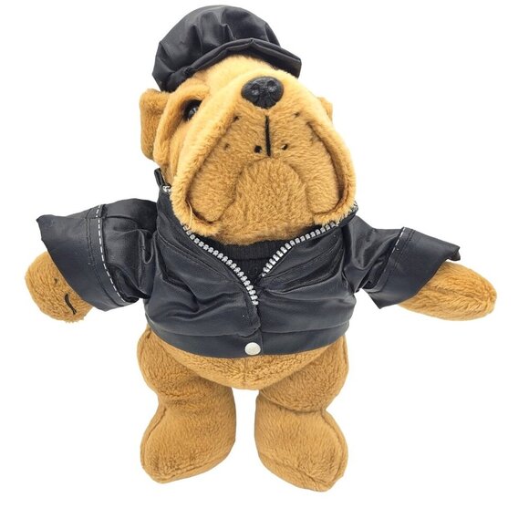 Dan Dee Collector's Choice Other - Dan Dee Biker Shar Pei Puppy Dog 10" Tan Black Vinyl Jacket Cap Stuffed Toy
